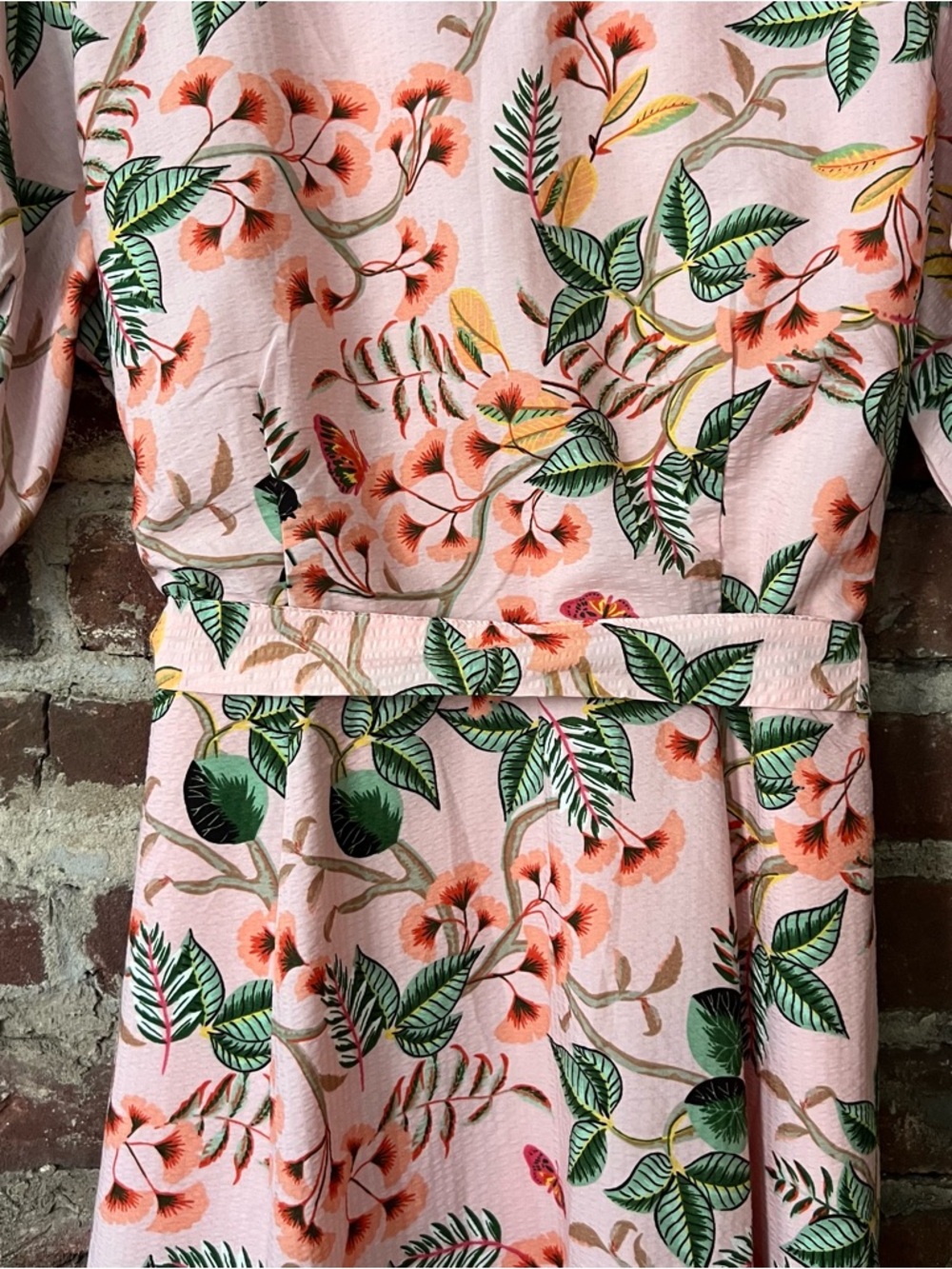 LOFT Peach-Pink Floral Midi Dress with Green Leaf Print - Picture 8 of 8